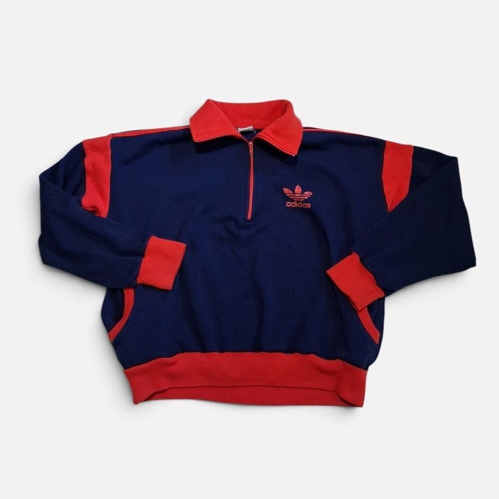 Retro Athletic Adidas Trefoil Blue Red 1/4 Zip Pullover Sweatshirt Men's OS 80s